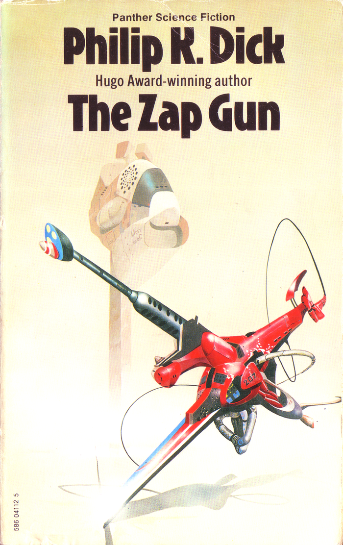 The Zap Gun (1975). Cover art by Peter Andrew Jones. [More info on ISFDB]



The typeface used for “Hugo Award-winning author” between 1975 and 1980 is a version of  Condensed. It sometimes appears with the standard double-storey g, sometimes with a single-storey form, and occasionally with both, in changing positions. I wonder whether this was some sort of running gag among the typesetters.