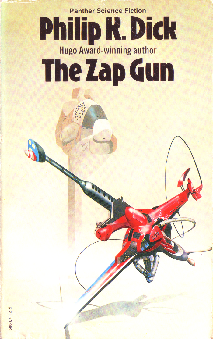 The Zap Gun (1975). Cover art by Peter Andrew Jones. [More info on ISFDB]



The typeface used for &ldquo;Hugo Award-winning author&rdquo; between 1975 and 1980 is a version of  Condensed. It sometimes appears with the standard double-storey g, sometimes with a single-storey form, and occasionally with both, in changing positions. I wonder whether this was some sort of running gag among the typesetters.