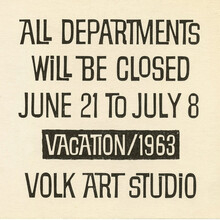 Volk Art Studio vacation notice 1963