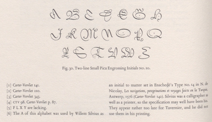 Engrossing initials, perhaps conceived by Willem Silvius. There were similar ‘secretary’ script types around the same time, both in the Low Countries and in London, and the James foundry had two in the spectacular “court hand” style. Both styles appear in an auction specimen of 1782; there's some more information in Carter and Ricks’ edition of Rowe Mores, pp. 112-3.