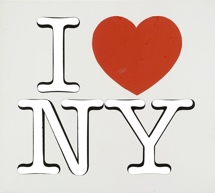 The &ldquo;I ❤️ NY&rdquo; logo (from the 1976 presentation board), overlain by scanned letterforms from ITC American Typewriter Regular (phototype version as shown in a catalog by Phil&rsquo;s, 1980) in white.