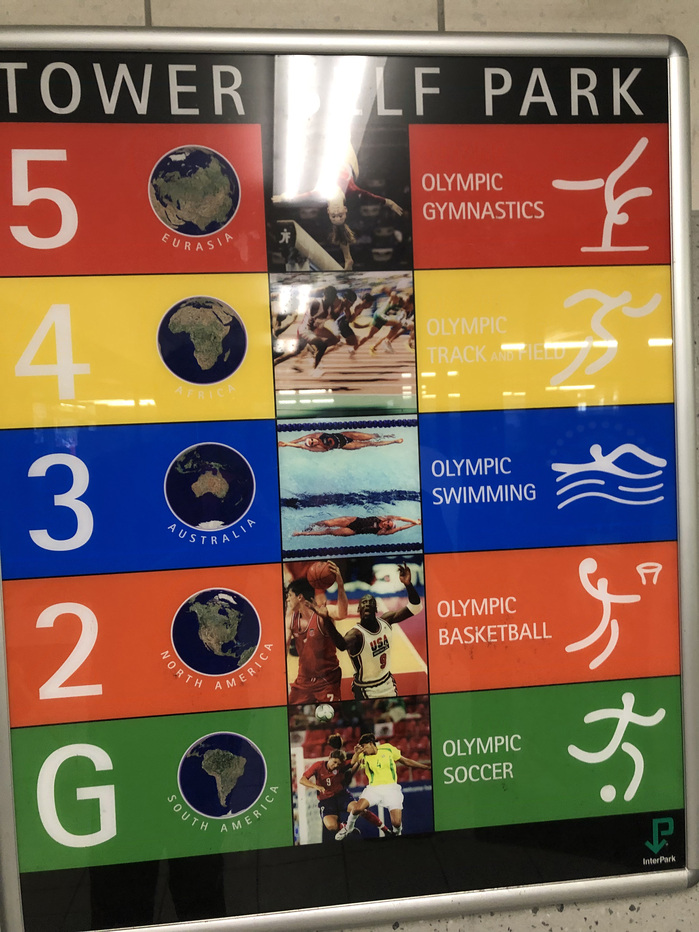 The parking levels directory at InterPark’s Tower Self Park in Chicago. The top says, "TOWER SELF PARK."