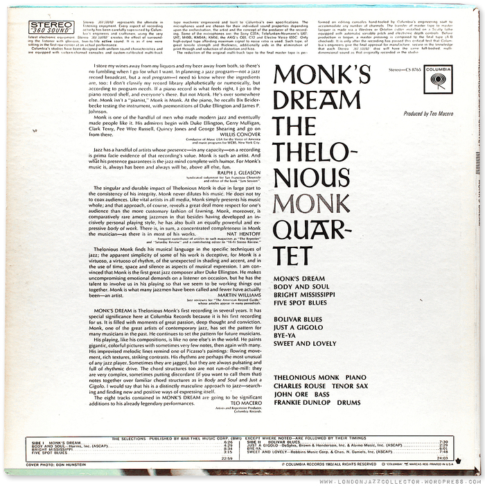 Thelonious Monk Quartet – Monk’s Dream album art 2