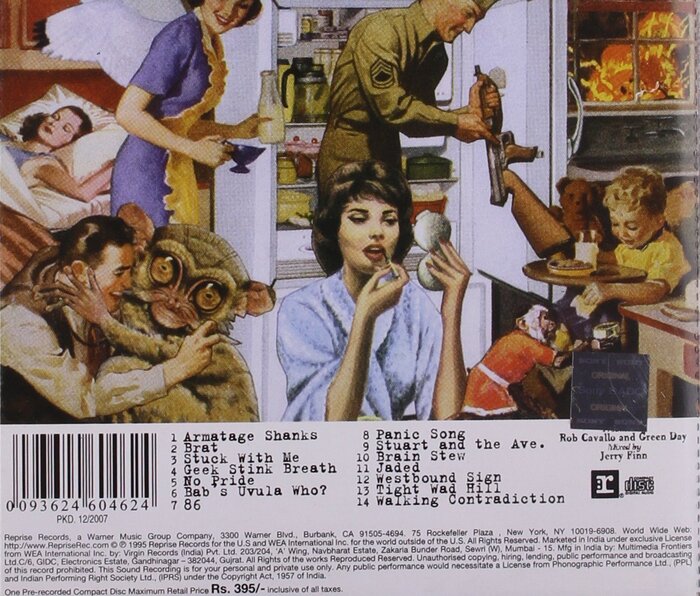 Track listing for the Insomniac CD release. FF Trixie is used for the song titles. Canadian Photographer and its Script companion are used for the text at the right. The legal text at the bottom is set in Helvetica Regular.
