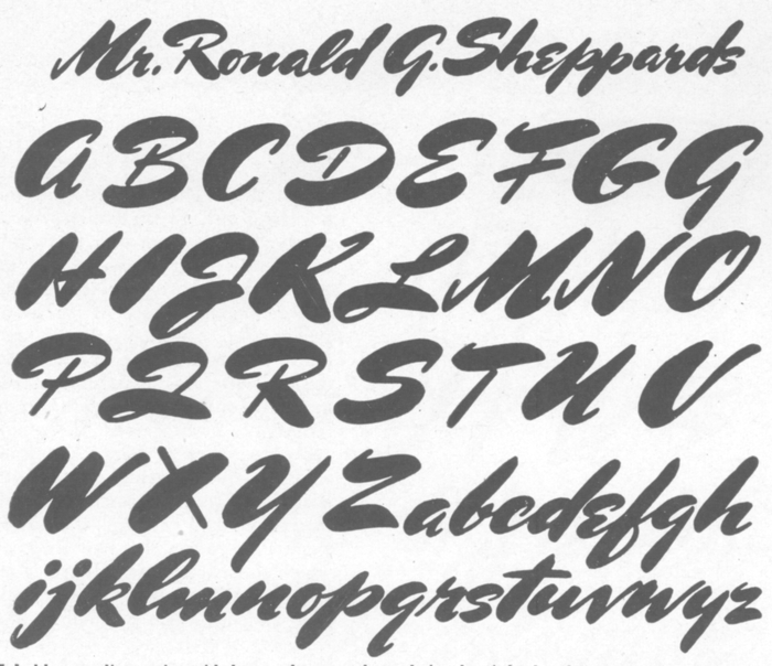Charles Bluemlein’s script alphabet as shown in the 1944 edition of Script and Manuscript Lettering, titled Mr. Ronald G. Sheppards.