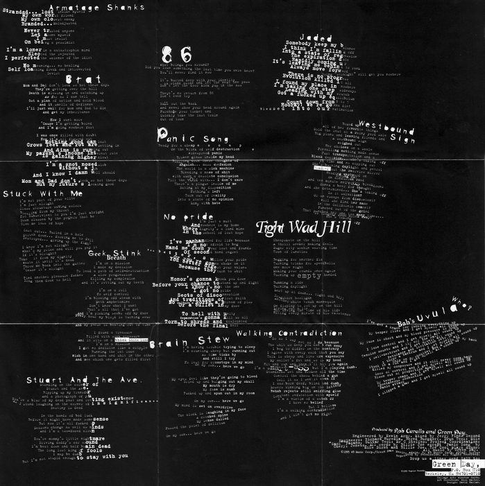 Back side of the folded cover poster, with the lyrics set in two weights from FF Trixie. Titles are in Canadian Photographer, Canadian Photographer Script, and a scratched style that’s unidentified and possibly custom.