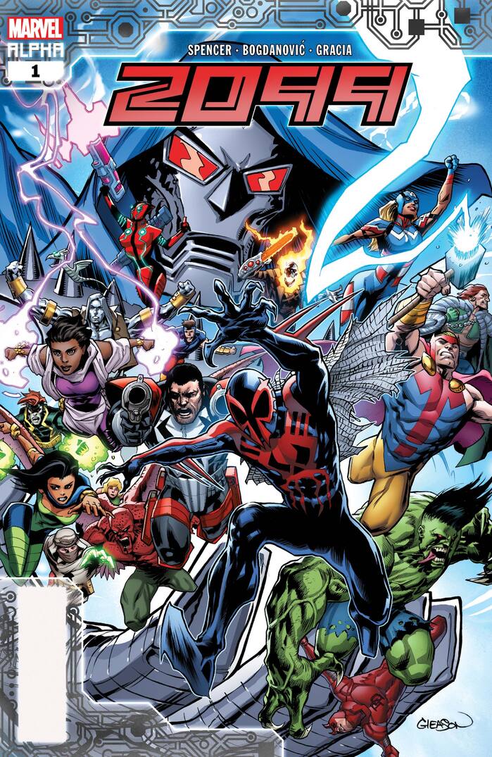2099 Alpha #1 was published in November 2019. The artist names sitting above the logo are set in  Extra Condensed.