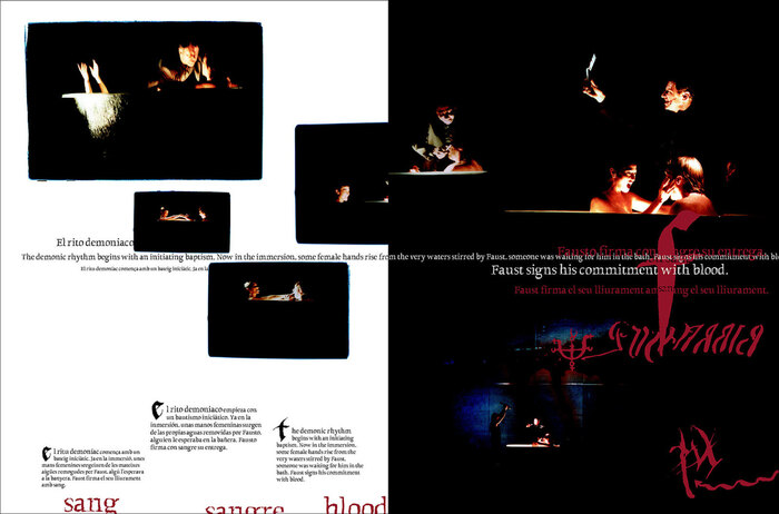 Double page spread from the program book of the theatre performance Faust by La Fura dels Baus from Barcelona.