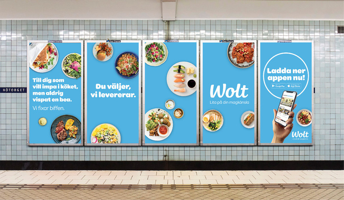 Wolt brand campaign in Stockholm’s subway, 2019. Design by CC Projects.