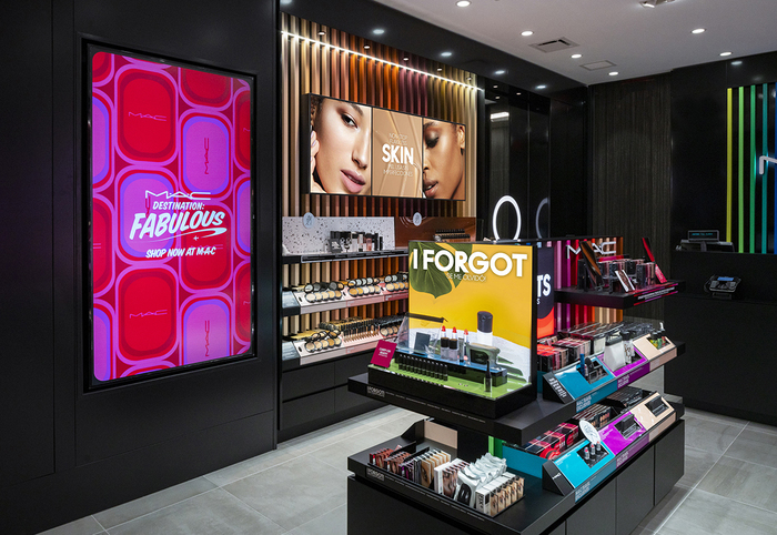 M·A·C Cosmetics store in Salt Lake City International Airport. Product information is displayed via digital signage, and consumers can access product info, video demonstrations and other content via QR codes with their smartphones.