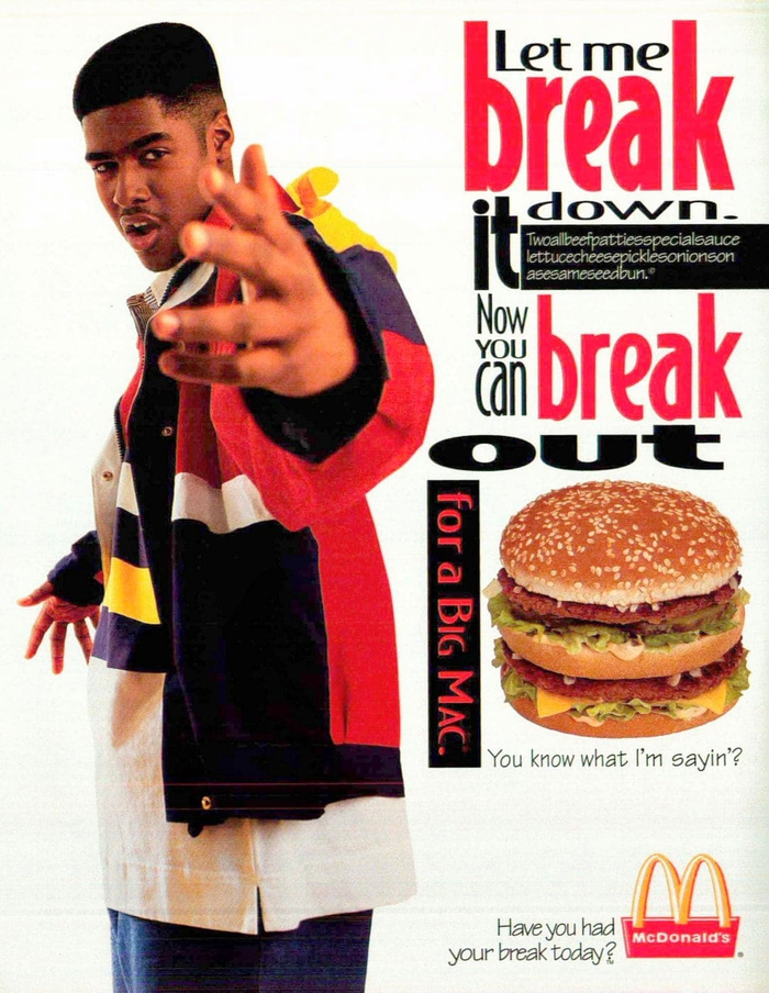 This McDonald’s print ad likely is from 1997. It features the the tagline “Have you had your break today?”, which was used from 1995 to 1997. Multiple weights of Bodega Sans are used for the headline, and Tekton is used for the slogan at the bottom right.