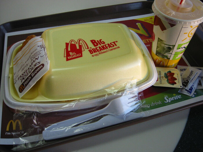 McDonald’s packaging for the Big Breakfast meal, from 1995. Bodega Sans is used.