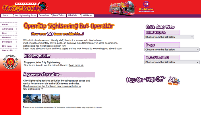 The City Sightseeing website, as it looked in 2005. Holstein is additionally used for the headlines.