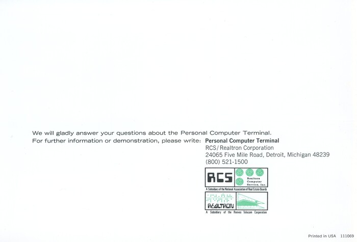Back cover of RCS/Realtron Personal Computer Terminal brochure.