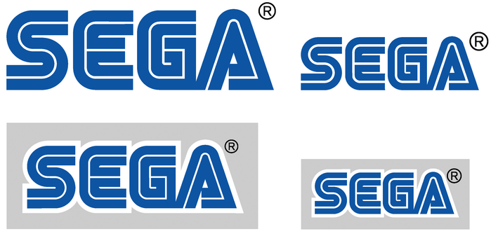Two Sega logo variations: for uses over 7mm high (left), and for uses under 7mm high and screen printing (right). The heavier inline on the second option retains the correct optical appearance when printed ink might otherwise eliminate the inline. Unfortunately, the compensations don&rsquo;t take into account other interior spaces, such as the counters between strokes and the triangle of the &lsquo;A&rsquo;.
