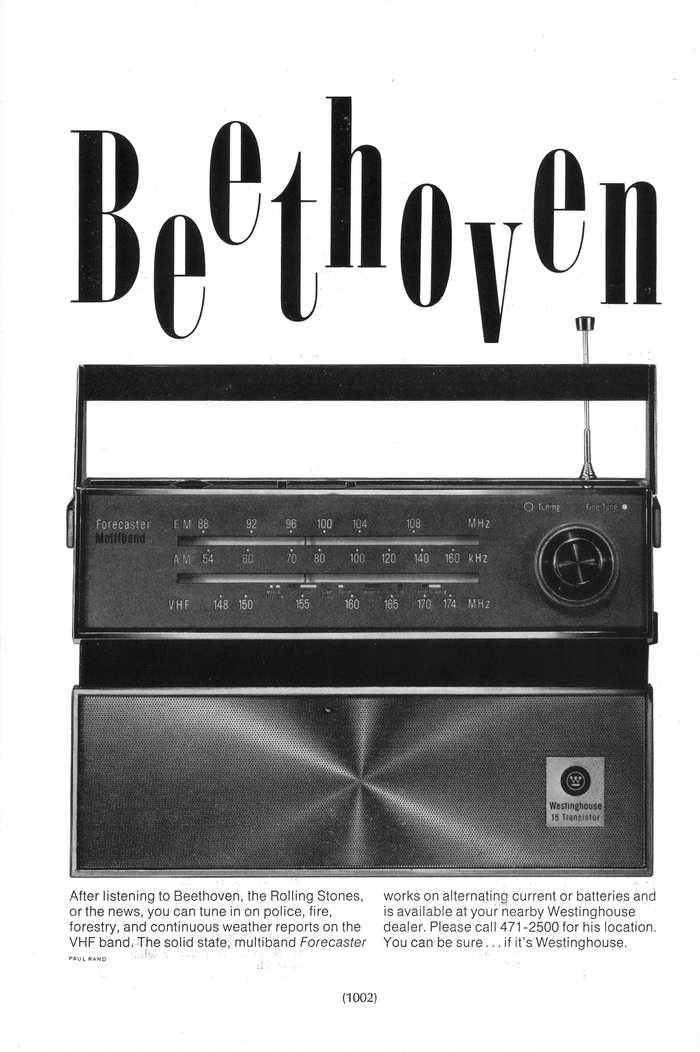 Updated: Thanks to Stephen Coles for pointing out that paulrand.design recently posted high-resolution images of the ads, courtesy of the Pittsburgh Symphony Archives. This last one uses Onyx.