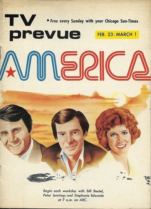Cover of the TV Prevue by the Chicago Sun-Times for February 23 to March 1, 1975. &ldquo;TV prevue&rdquo; is in  Bold Extended.
