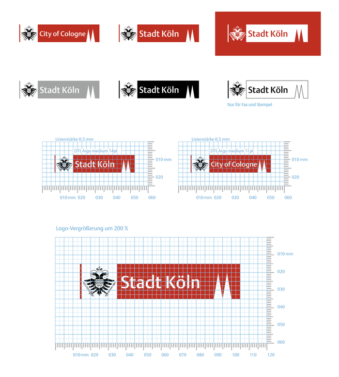 Various logo variants, including grayscale and b/w versions as well as the English-language logo.