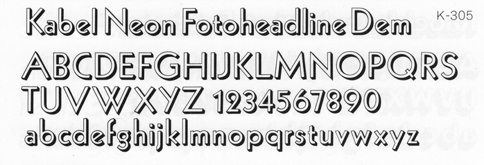 Glyph set of Kabel Neon as shown in a catalog by Typeshop, a European chain of typesetting studios that carried typefaces by Lettergraphics.