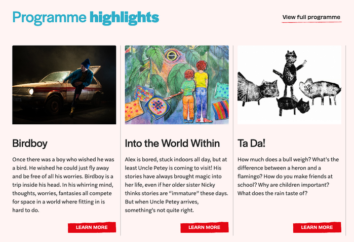 The main headline in blue combines two contrasting weights of Halyard Display. Titles are set in Halyard Display, too, with Halyard Text for the teasers. “Learn more” and “view full programme” are in Obviously.