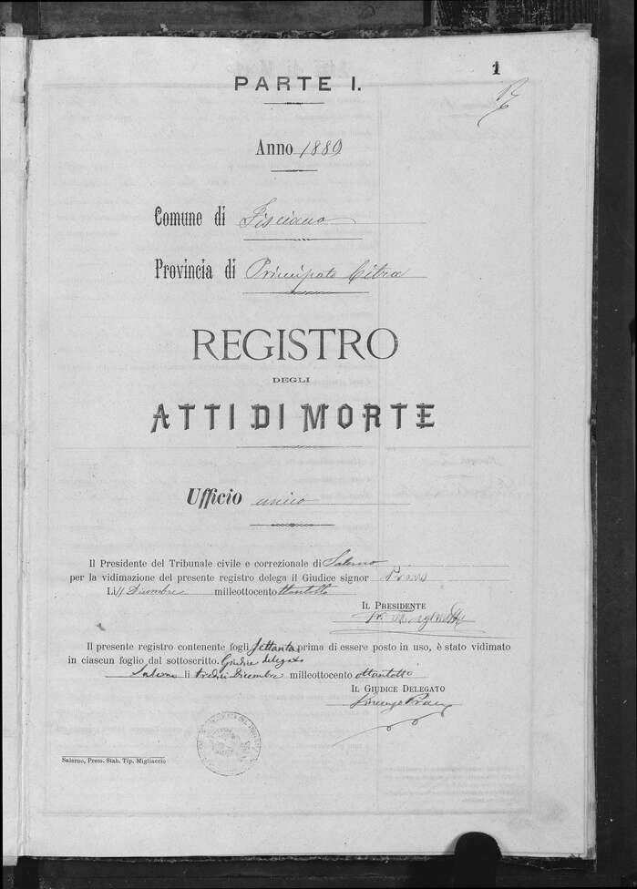 1889. “Registro” uses a typeface related to , while “Atti di Morte” is in a version of the design later known as , which was sold by Italian foundry Società Urania as Pekino. “Parte I” is (similar to)  or Interchangeable Gothic.