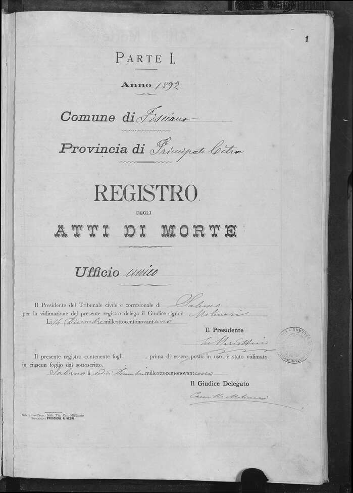 1892. “Registro” uses , patented by Hermann Ihlenburg for  in 1884. The bifurcated Tuscan caps with outlined shade used for “Atti di Morte” go back to Henry Brehmer’s  for  (1876). “Anno” is set in a style like . “Degli” and the body copy might be  (similar, but without beard on G: ).
