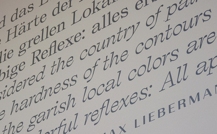  is one of the typefaces that was used in addition to the museum’s stalwart typeface selection. Here it is applied on a wall in its Regular and Regular Italic styles.