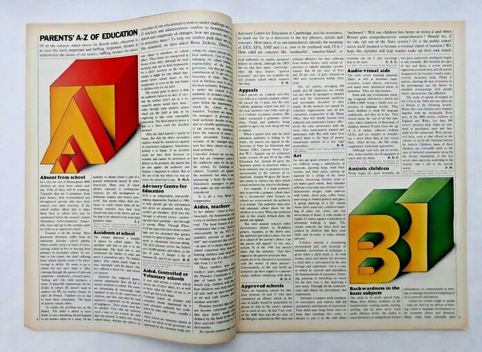 Spread from The Sunday Times Magazine, January 18, 1970, with the first part of the “Parents’ A–Z of Education” series, featuring the letters A and B. The main title is set in all-caps , the entry titles in .