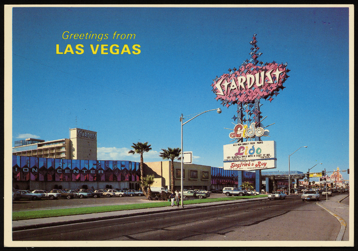 Postcard from 1981 (with text is set in ). “Siegfried & Roy” uses lettering based on , too. See also this image for a giant Siegfried & Roy sign in Kalligraphia.