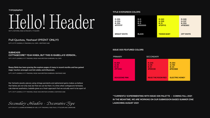 Evergreen branding kit with Issue 005 featured colors from the 2020-21 print cycle.