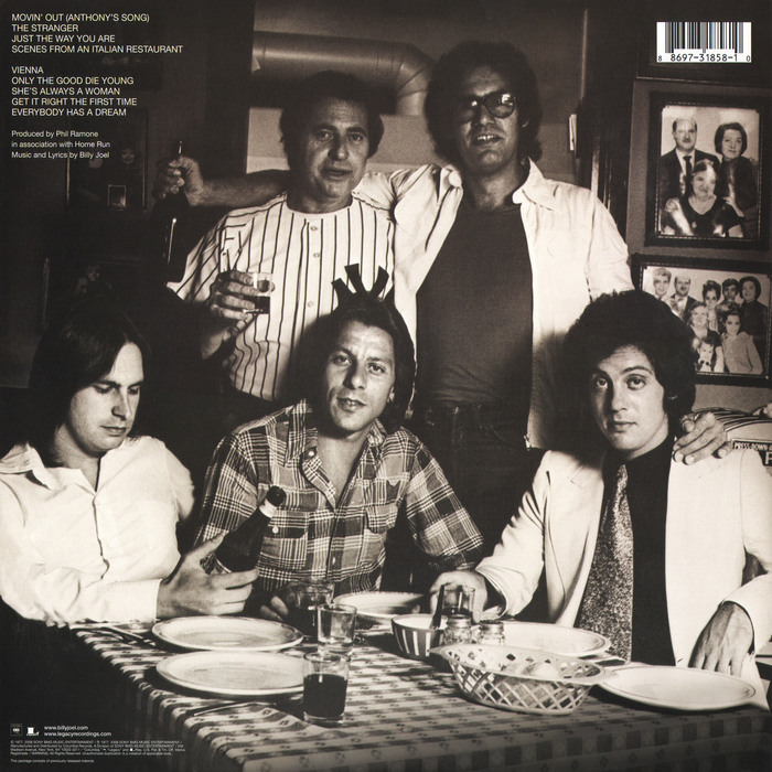 Back cover, re-issue from 2008. From Wikipedia:


The photograph on the back cover of the album, featuring Joel, Ramone (donning a Yankees shirt at the time of the picture) and each of the band members, was taken at the Supreme Macaroni Company, one of several restaurants where the group would go to “have these crazy lunches and dinners.”