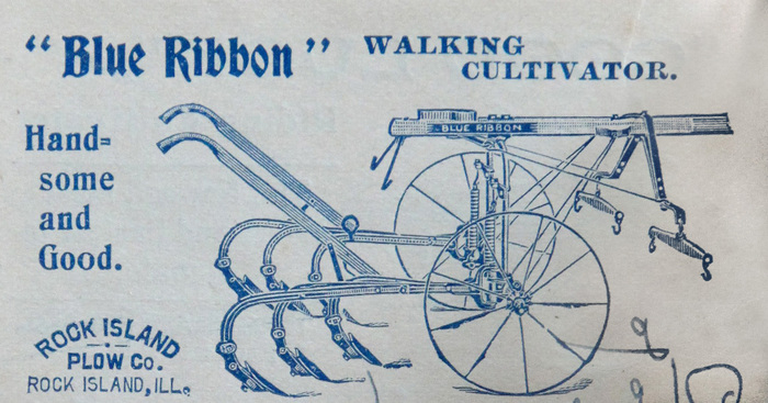 The “Blue Ribbon” walking cultivator ad (1900) features Bradley (1895) for the title, De Vinne Condensed (before 1894) for the text on the left, and an unidentified Scotch roman for ‘WALKING CULTIVATOR’.