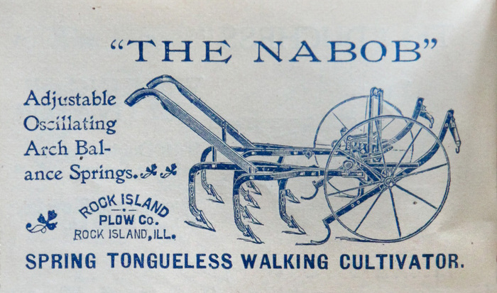 “The Nabob” cultivator ad (1900) features Old Style Extended (1892?) for the title, Jenson Old Style (1893) for the text on the left, and an unidentified grotesque at the bottom.