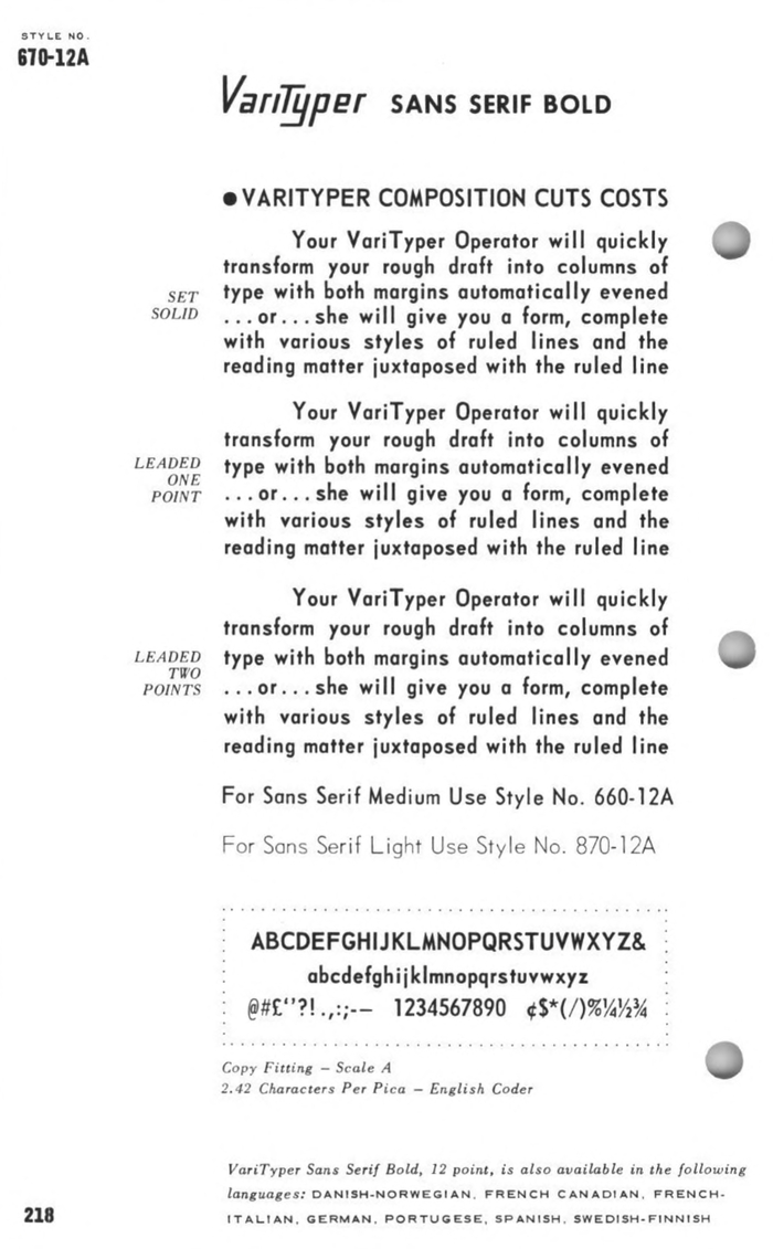 Varityper’s text-size “Sans Serif Bold”, a Futura knockoff, doesn’t match the document. Again, the top line looks like true Futura Bold, and presumably was made on their headline phototypesetting system.