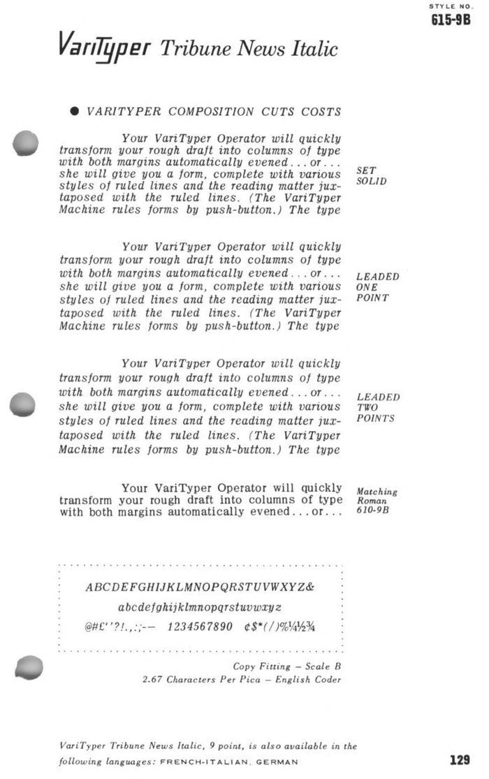 Varityper’s Tribune News. Some unusual character widths suggest a constrained spacing system. The top line “Tribune News Italic” is totally different, presumably phototypeset.