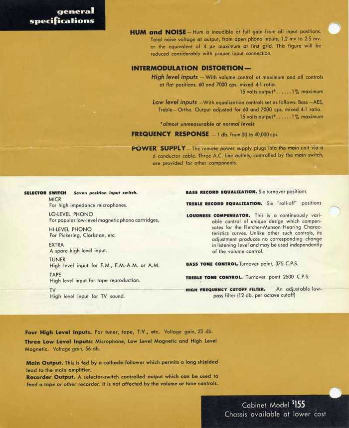 Audio Consolette Model 1 (1952 edition) sales sheet