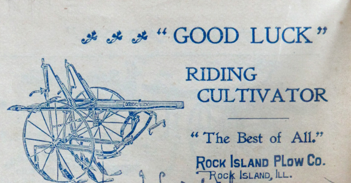 Here is another variant of the “Good Luck” cultivator ad (1900). Set entirely in Jenson Old Style (1893); the small text (“The Best of All.”) seems to be set in something like 14pt Jenson Old Style, while the title is set in something like 24pt Jenson Old Style—hence the more refined appearance of the title.