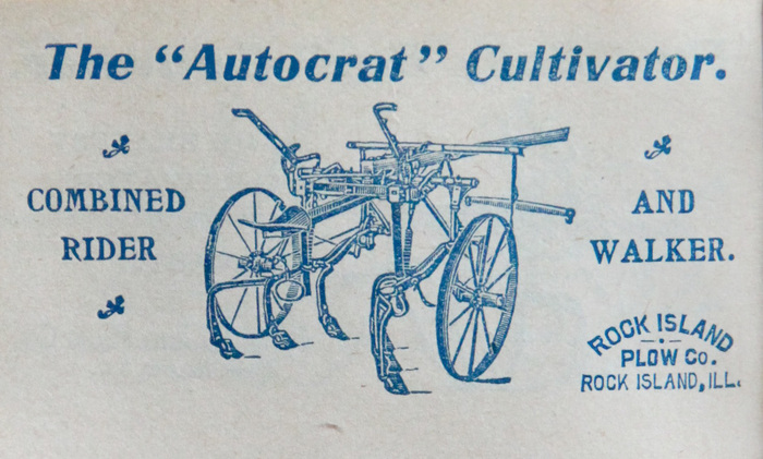 And finally, the “Autocrat” cultivator ad (1903) is set in an intriguing semi-sans typeface (i.e. a sans-serif with the contrast and some other featured borrowed from transitional and didone typefaces) [edit: it’s , see comments], and an unidentified serif typeface for ‘COMBINED RIDER’ & ‘AND WALKER.’ [edit: It’s ]

Interesting to note here is that the first R in ‘RIDER’ takes on a very different form than the other two; it looks like Jenson Old Style might have been used for that initial letter.