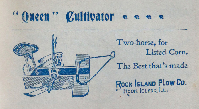 For the “Queen” cultivator ad (1900), a combination of Bradley (1895) and Jenson Old Style (1893) was used.