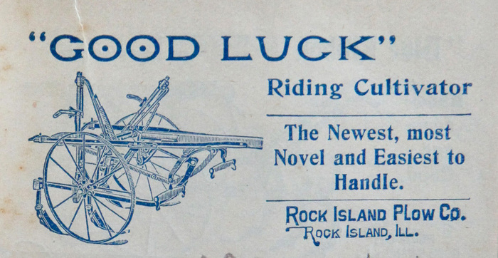 In the “Good Luck” cultivator ad (1900), the title “Good Luck” is set in the quirky Atlanta (1886), the text “Riding Cultivator” is set in De Vinne (1892), and the text underneath—excluding the company’s name—is set in De Vinne Condensed.