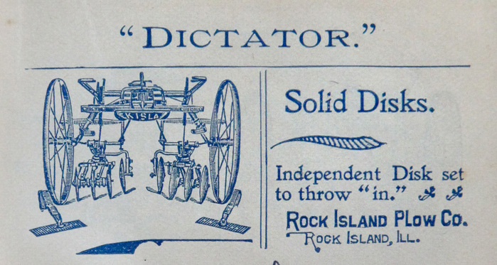 The “Dictator” cultivator ad (1900) sports Old Style Extended (1892) for the title. The serif typeface on the right side is Jenson Old Style (1893).