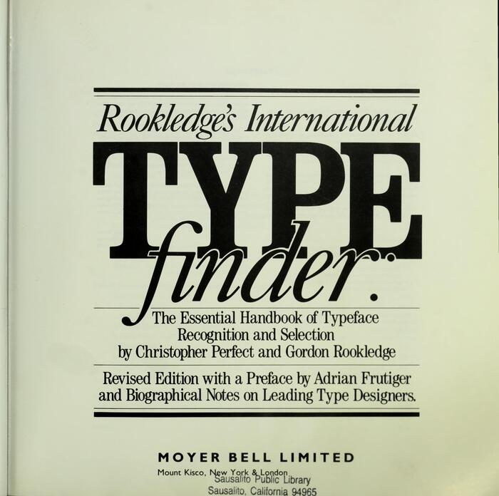 Title page for Rookledge’s International Typefinder, with publisher’s imprint (and library stamp)