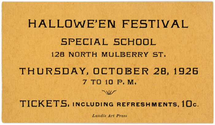 Hallowe’en Festival ticket, Special School, Lancaster, Pa., Oct. 28, 1926