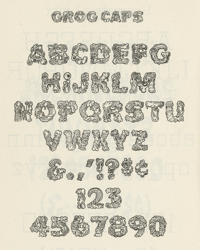 Grog Caps as shown in Special Effects and Topical Alphabets: 100 Complete Fonts Selected and Arranged by Dan X. Solo from the Solotype Typographers Catalog, Dover Publications, Inc., New York, 1978.