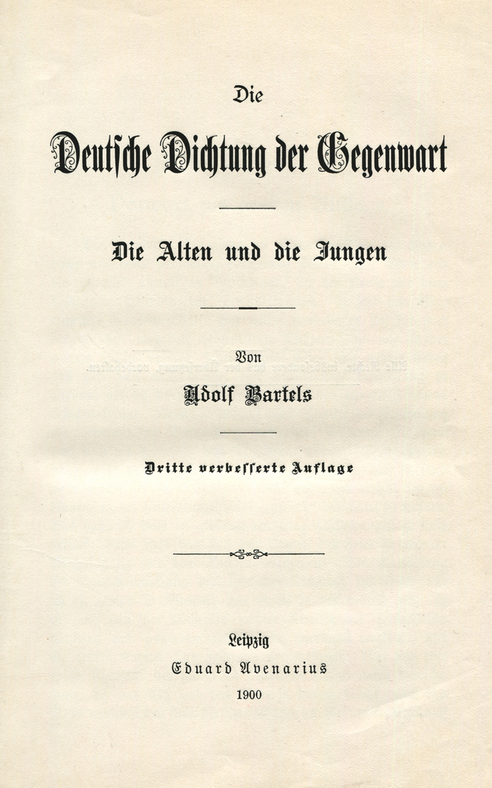 The title page exhibits the uncoordinated mix of typefaces from various blackletter subgenres that was so common in Germany in the late 19th and early 20th century (and detested by the Modernists). The largest line is in an unidentified compressed gotisch with ornamented initials. “Die” is in (a) , “Die Alten und die Jungen” in a generic gotisch similar to  or . The typeface chosen for the author’s name is similar to . “Dritte verbesserte Auflage” uses a , and the publisher’s name is in a .
