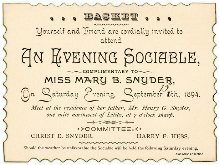Evening Basket Sociable Invitation, Lititz, Pa., September 15, 1894