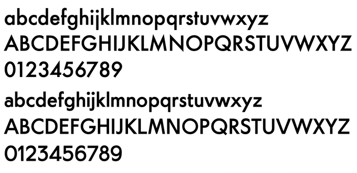 Futura Medium (Neufville Digital, 1998; top) compared to OV Gothic Medium (customized by Larissa Kasper, 2011; further customized by Benjamin Critton, 2014; bottom). The latter has blunt apexes (A M N V W etc.), more vertically cut terminals (e g r s G J S 1 2 3 5 6 9; also in the two-story a and the tailed forms for j and t), shorter ascenders, and larger dots.