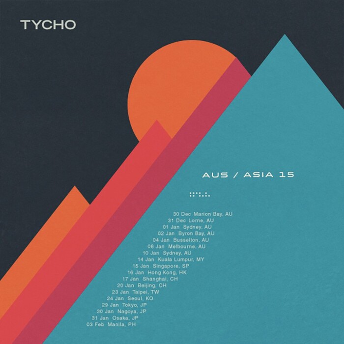 Poster for Tycho’s Australia / Asia tour in 2015, featuring Trade Gothic Bold Extended (TYCHO), Clonoid Semibold (AUS / ASIA 15), and Neue Helvetica Medium.