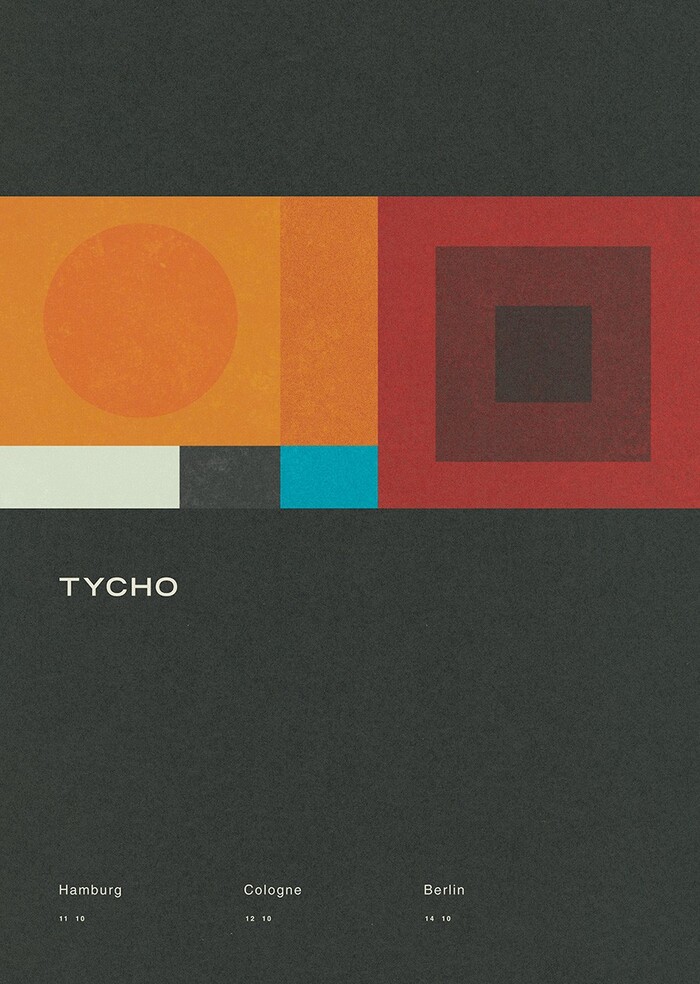 Poster for Tycho’s 2014 Germany tour, featuring Trade Gothic Bold Extended (TYCHO), and Helvetica Regular.