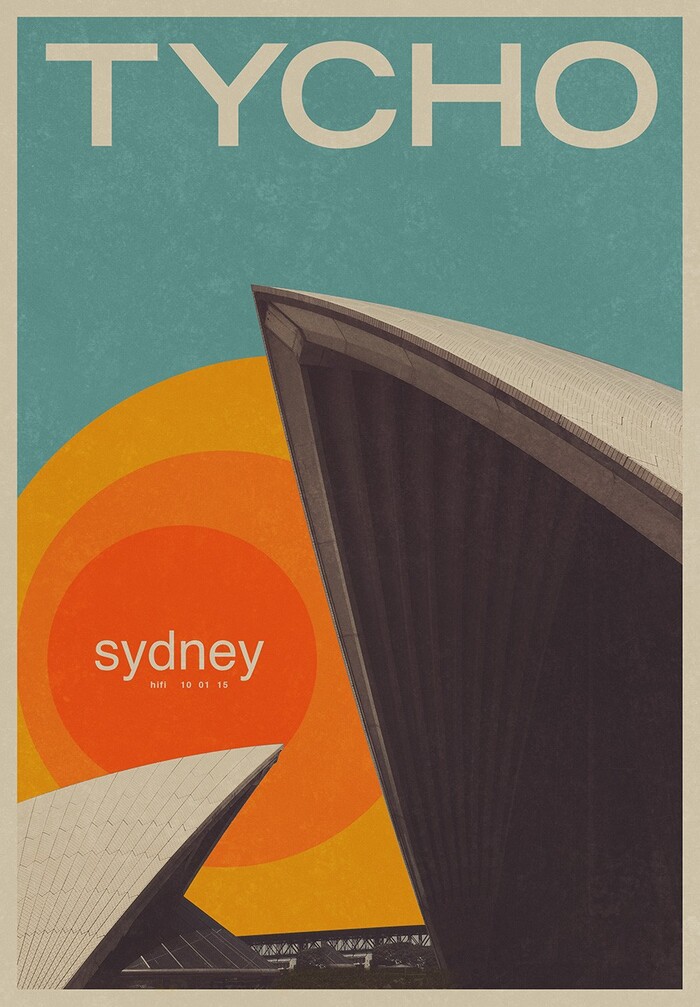 Poster for Tycho’s 2015 show at HiFi in Sydney, Australia, featuring Trade Gothic Bold Extended (TYCHO), Helvetica Regular (sydney), and Helvetica Bold.